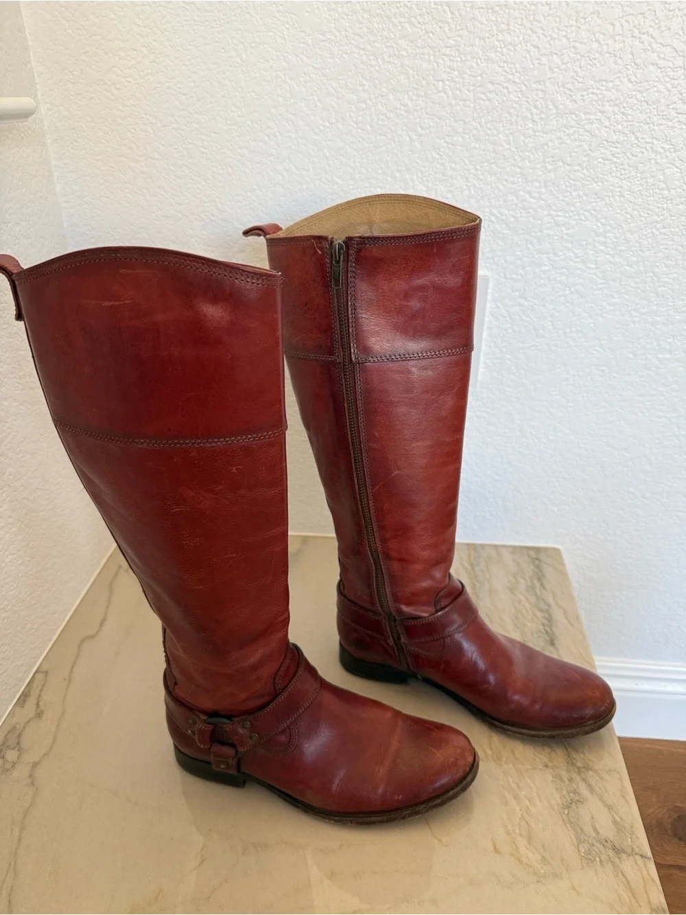 Frye Melissa Harness Leather Riding Boots in a reddish-brown color